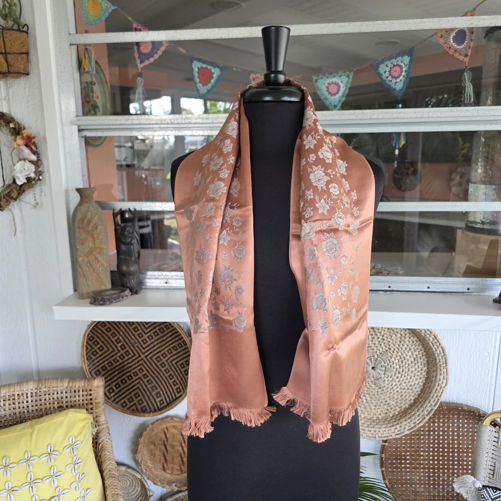 Vintage 70s Silky Woven Floral Scarf Copper Shimmer Boho Chic